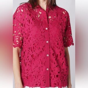 Wynne Collection Abstract Floral Lace Pink Shirt large